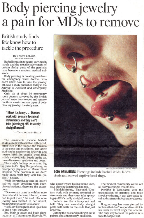  Body piercing jewelry a pain for MDs to remove - Toronto Star, Oct 26, 